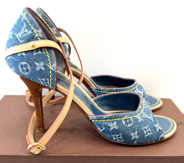 LOUIS VUITTON MONOGRAM DENIM ANKLE WRAP HEELS