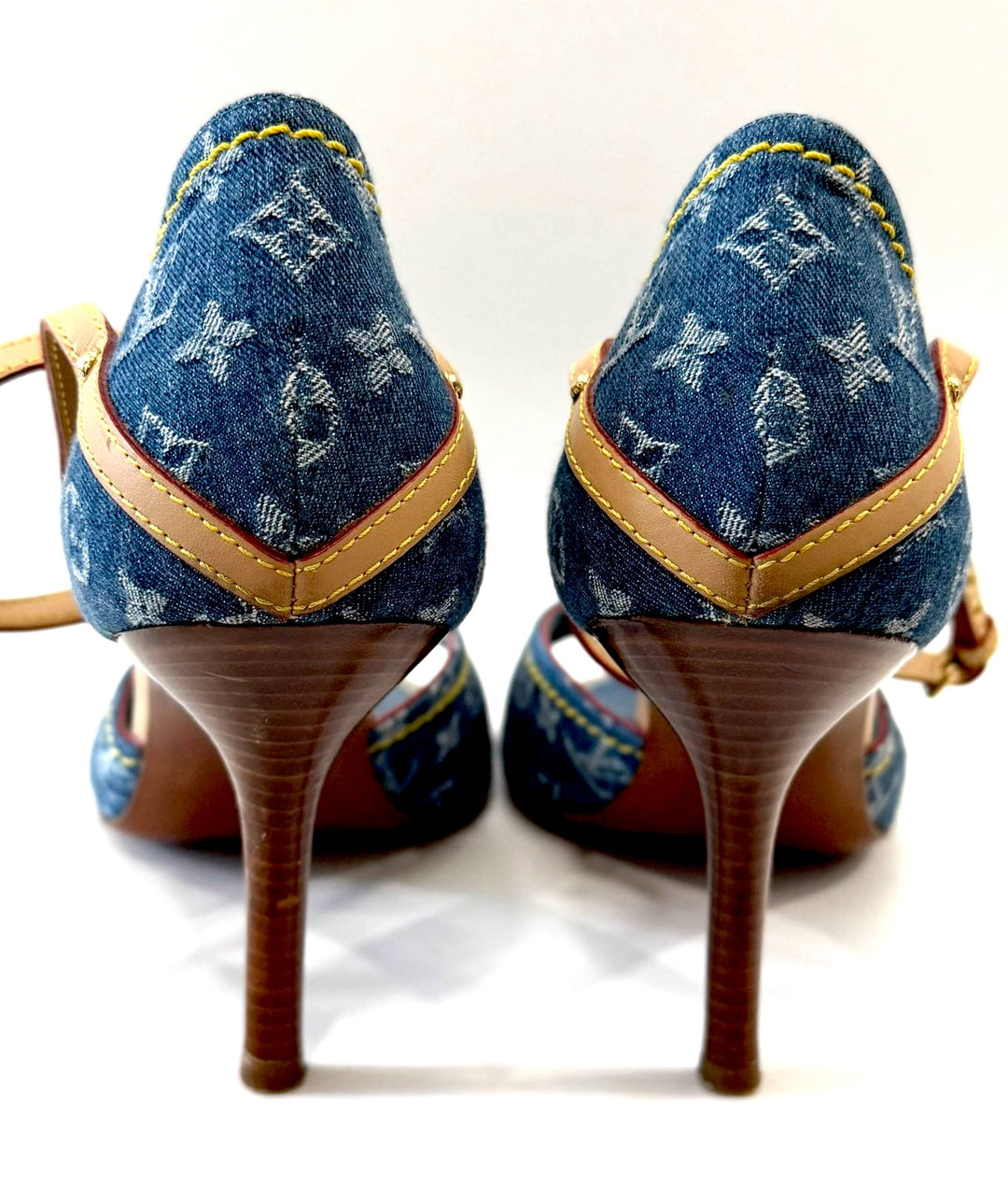 LOUIS VUITTON MONOGRAM DENIM ANKLE WRAP HEELS