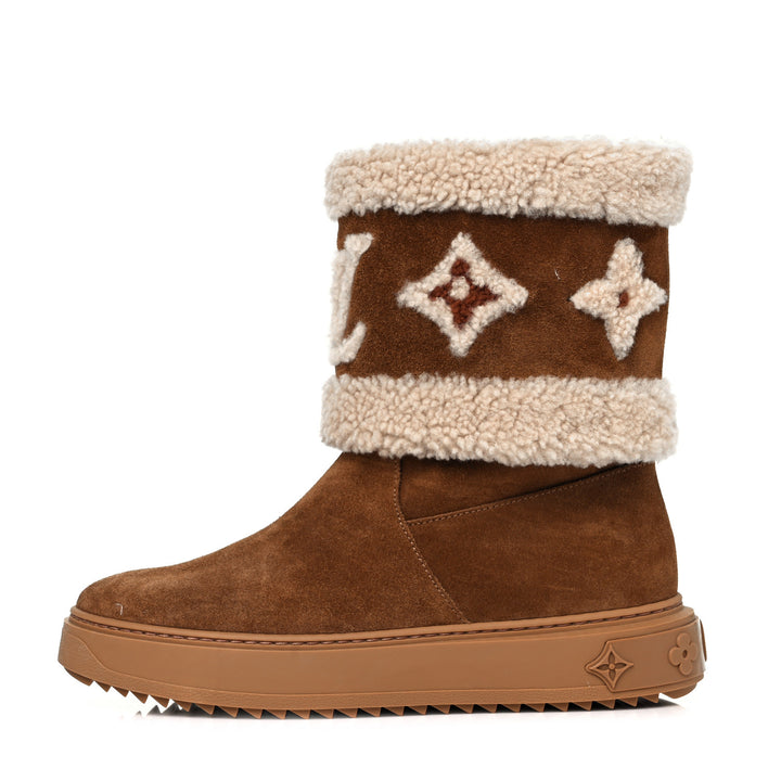 希少！スノードロップLVロゴムートンブーツ LOUIS VUITTON SUEDE CALFSKIN SHEARLING SNOWDROP ANKLE BOOTS