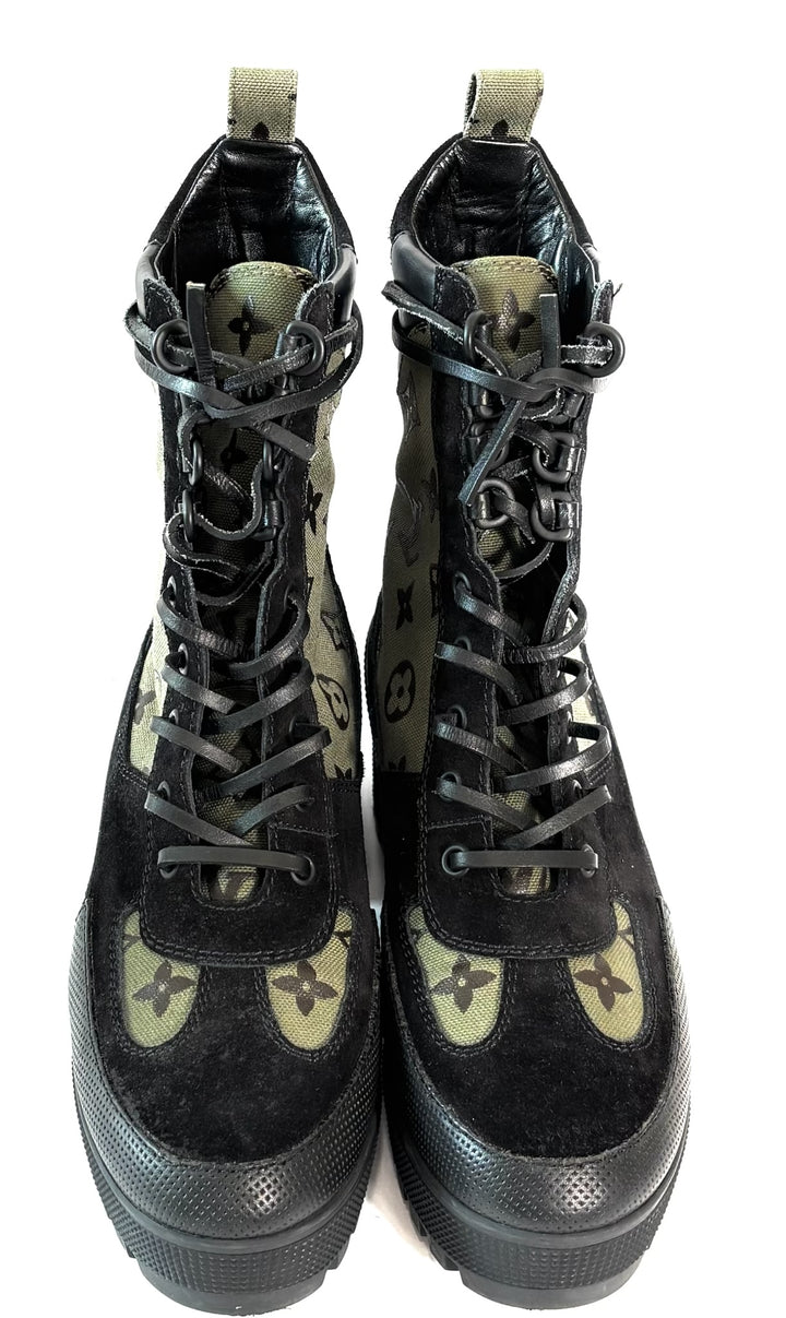 LOUIS VUITTON SUEDE MONOGRAM LAURETTE PLATFORM DESERT BOOTS