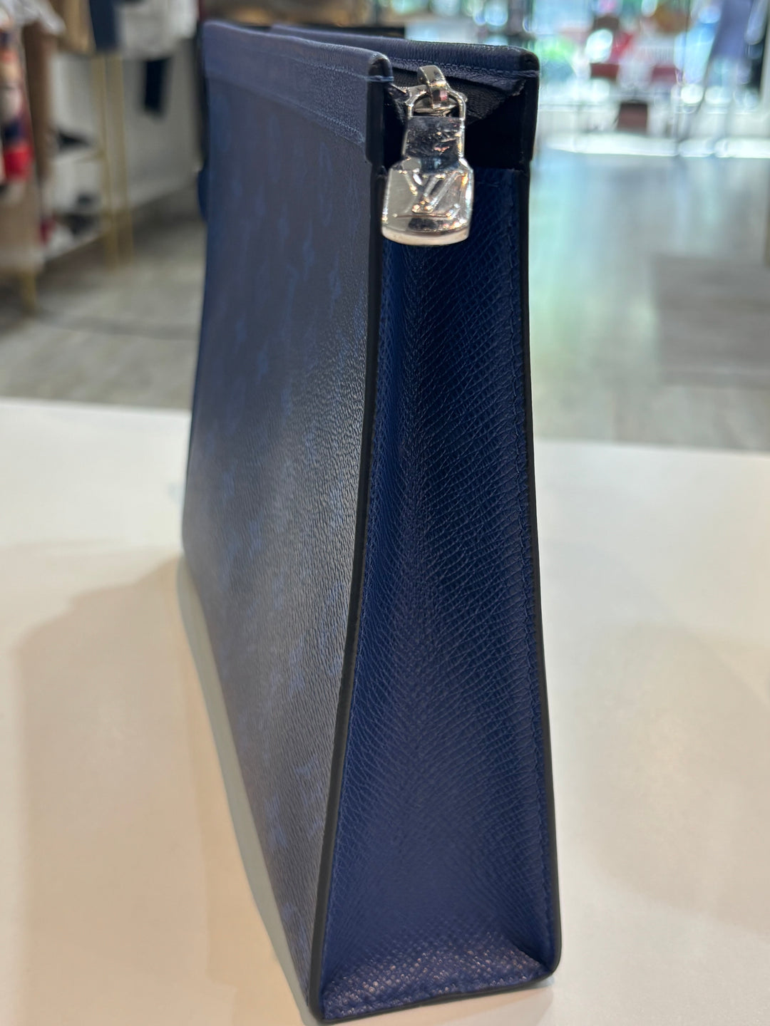 LOUIS VUITTON MONOGRAM ECLIPSE VOYAGE MM POCHETTE IN PACIFIC BLUE
