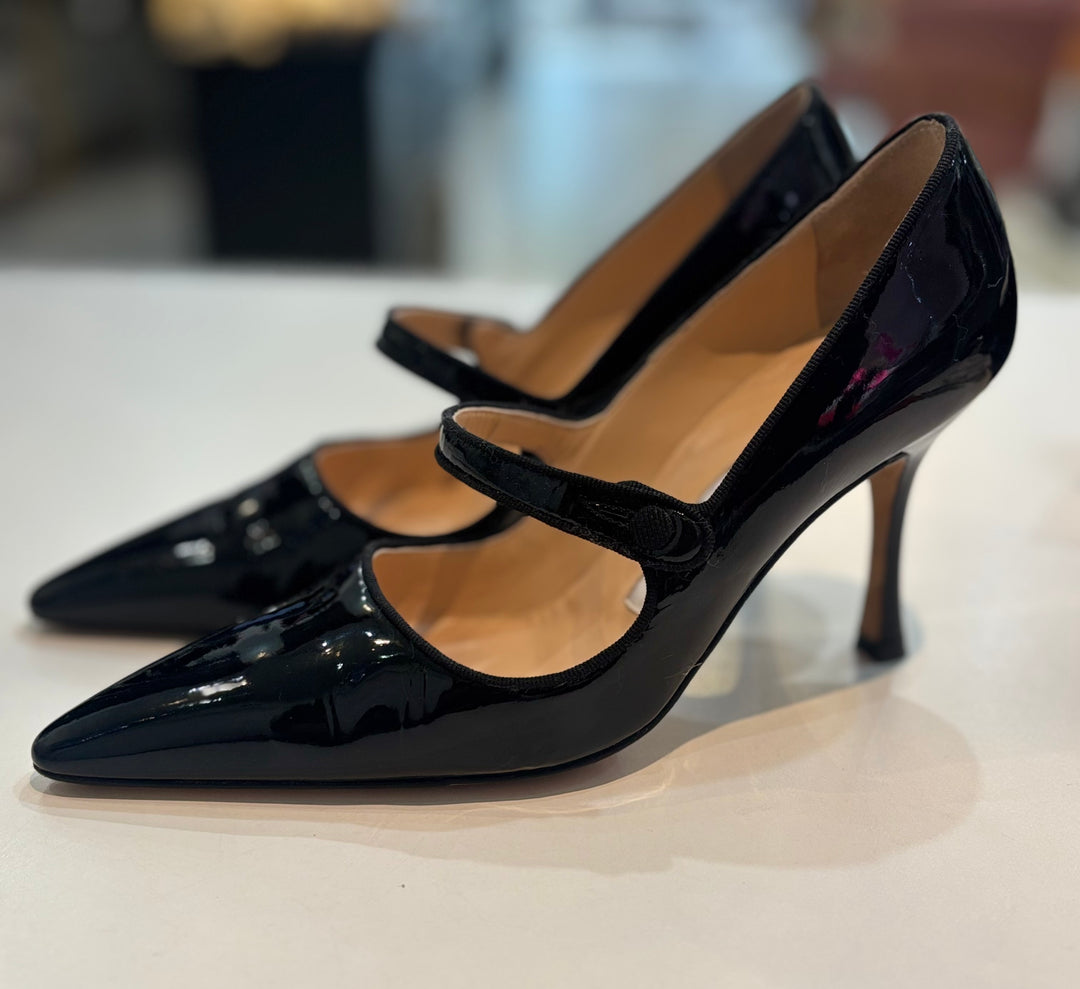 MANOLO BLAHNIK CAMPARI 90 MARY JANE PATENT CALF LEATHER PUMPS