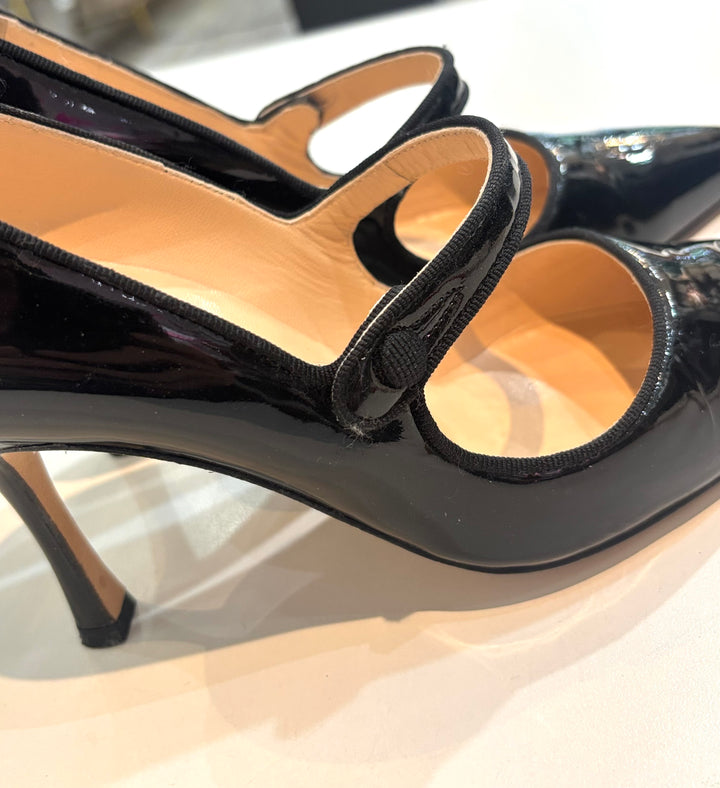 MANOLO BLAHNIK CAMPARI 90 MARY JANE PATENT CALF LEATHER PUMPS