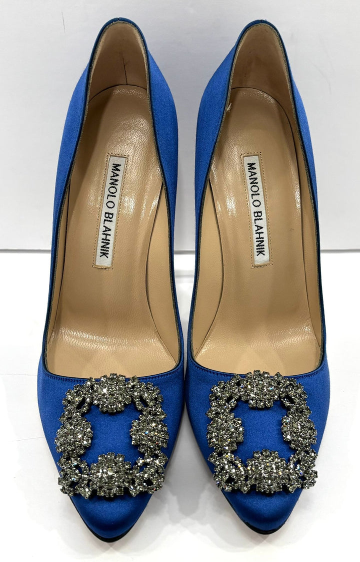 MANOLO BLAHNIK HANGISI JEWEL BUCKLE SATIN PUMPS