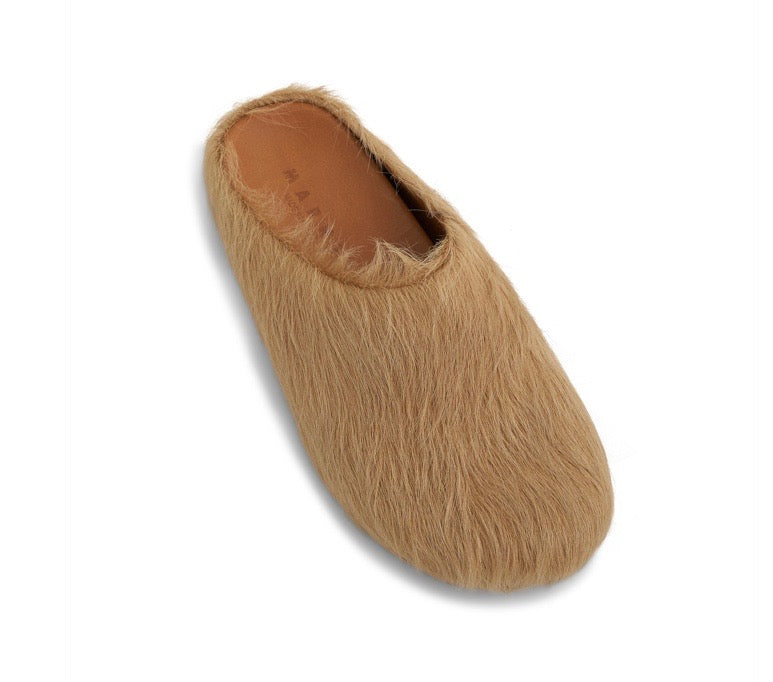 MARNI FUSSBETT SABOT CALF HAIR CLOGS SOFT BEIGE