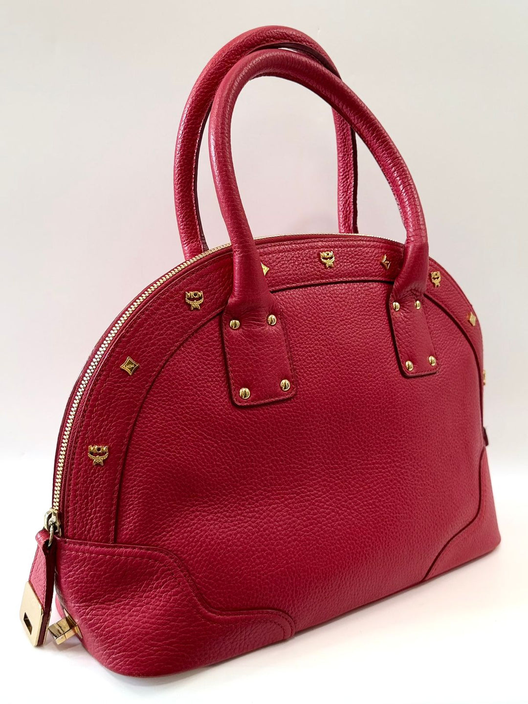 MCM STUDDED PEBBLED CALFSKIN LEATHER SATCHEL BAG