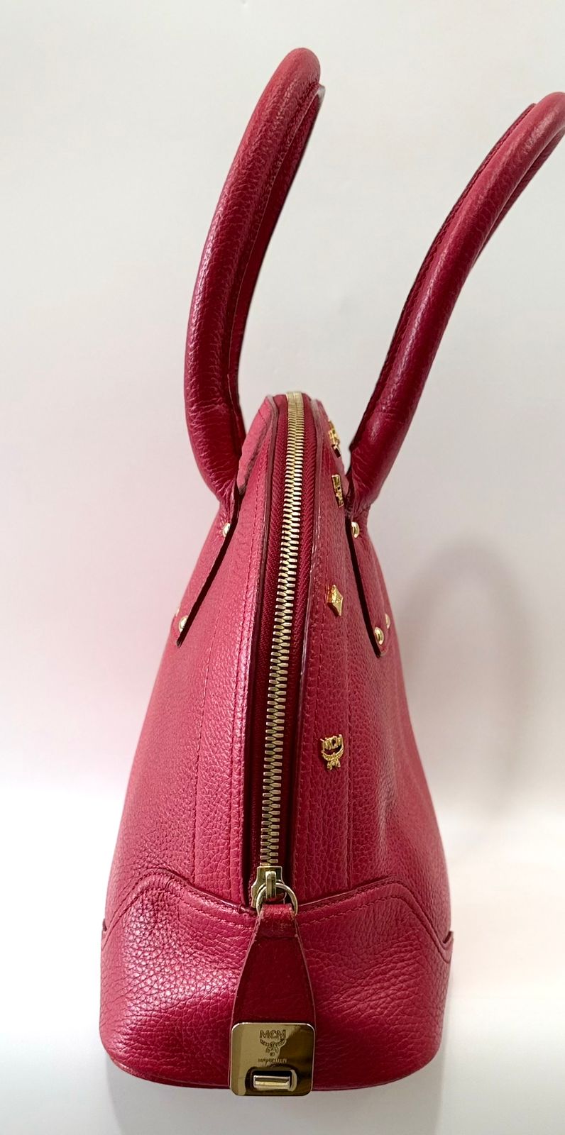 MCM STUDDED PEBBLED CALFSKIN LEATHER SATCHEL BAG