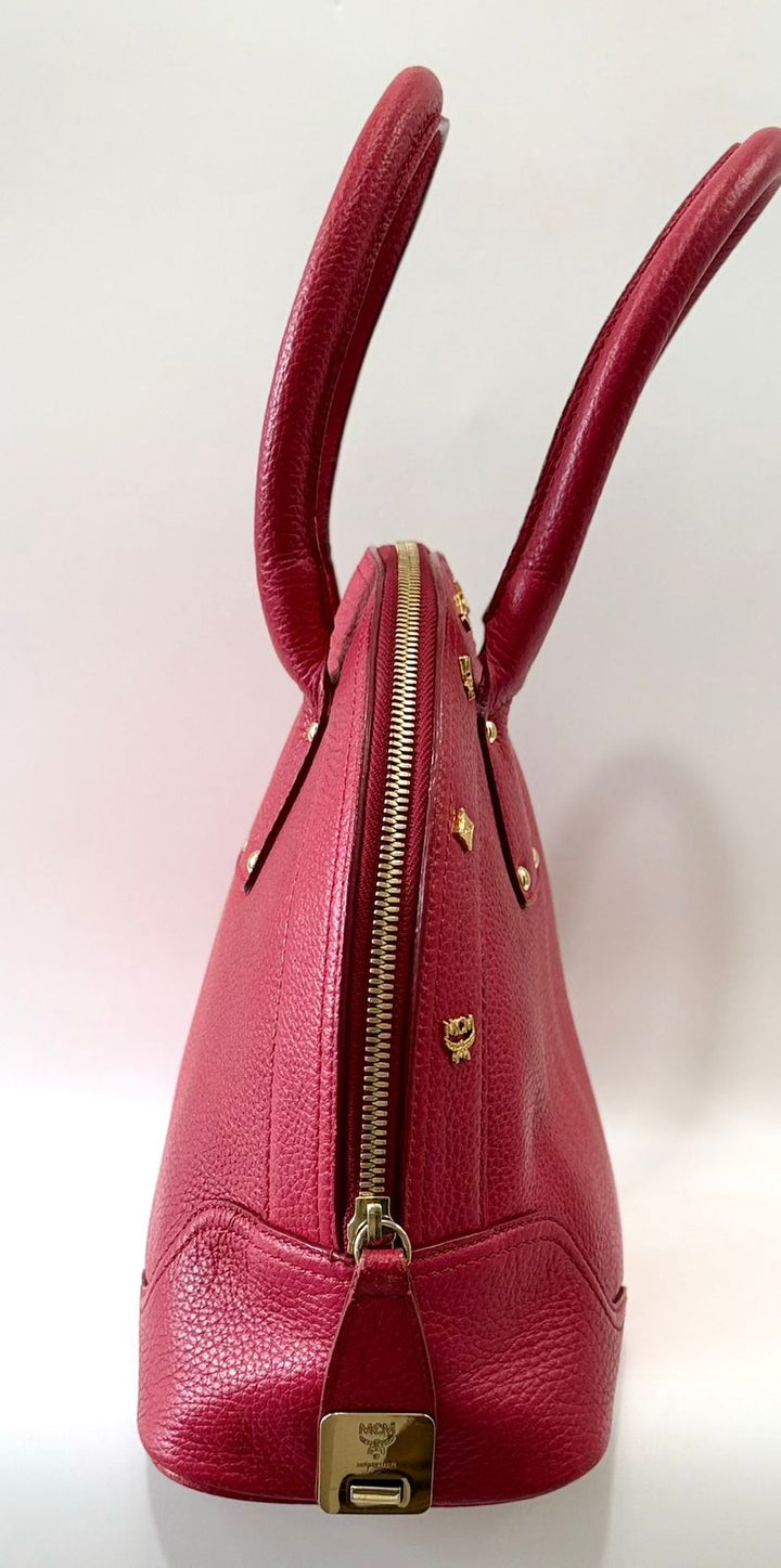 MCM STUDDED PEBBLED CALFSKIN LEATHER SATCHEL BAG