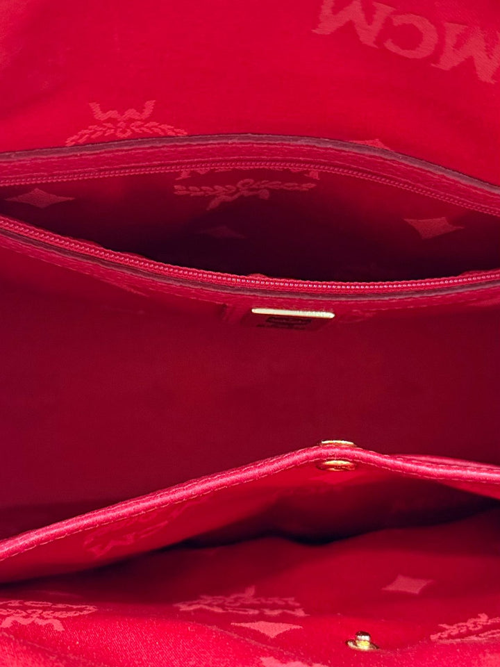 MCM STUDDED PEBBLED CALFSKIN LEATHER SATCHEL BAG