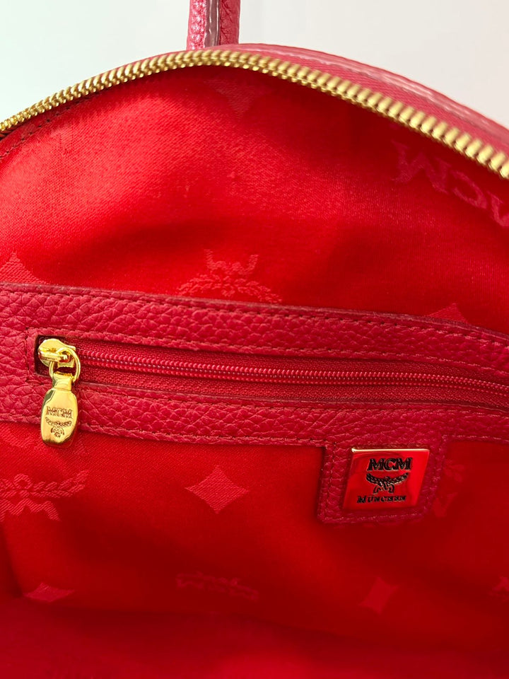 MCM STUDDED PEBBLED CALFSKIN LEATHER SATCHEL BAG