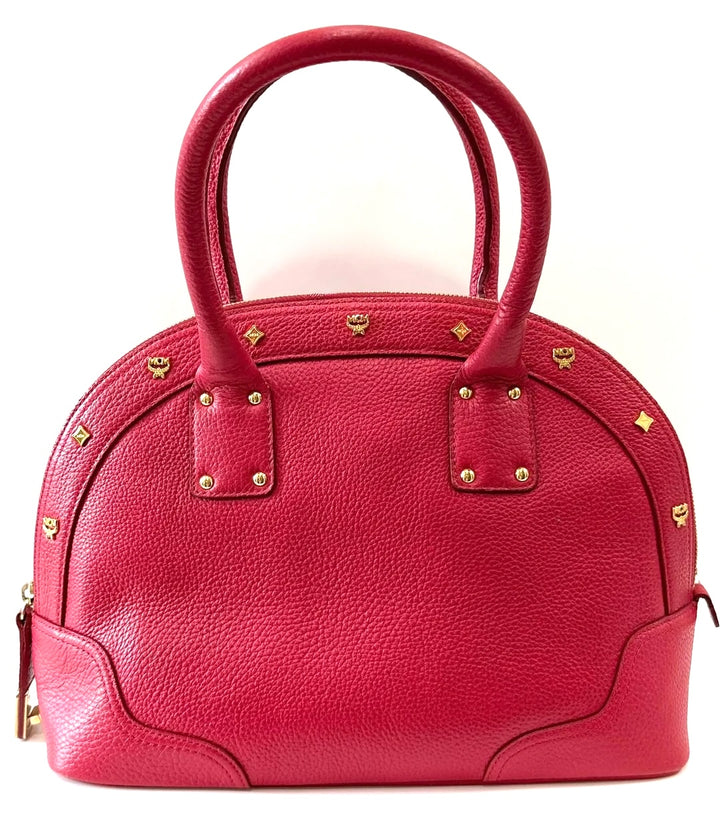 MCM STUDDED PEBBLED CALFSKIN LEATHER SATCHEL BAG
