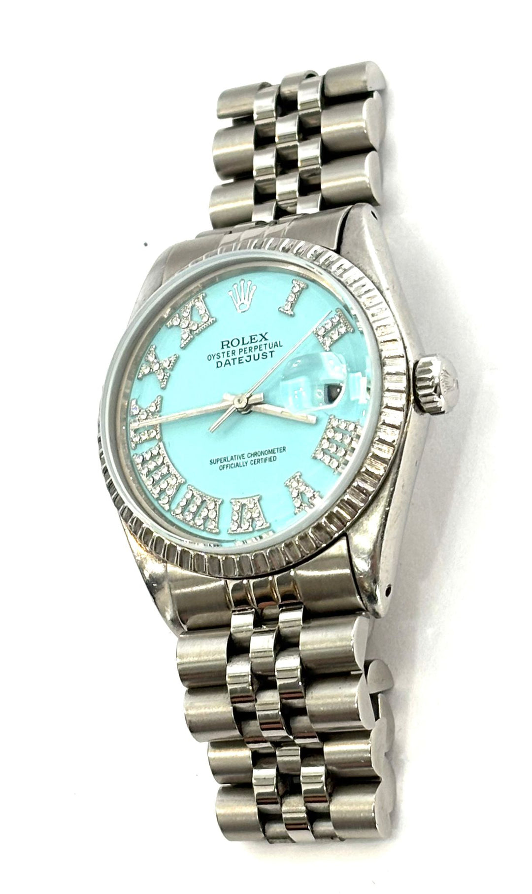 ROLEX DATEJUST 16200 36MM TIFFANY BLUE DIAMOND ENCRUSTED STAINLESS STEEL WATCH