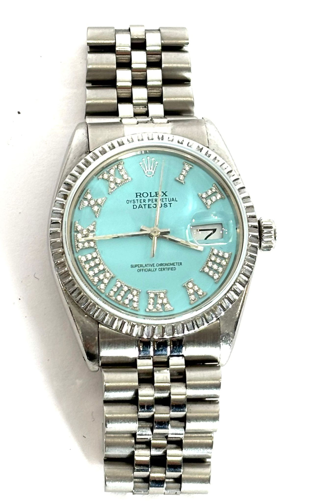 ROLEX DATEJUST 16200 36MM TIFFANY BLUE DIAMOND ENCRUSTED STAINLESS STEEL WATCH