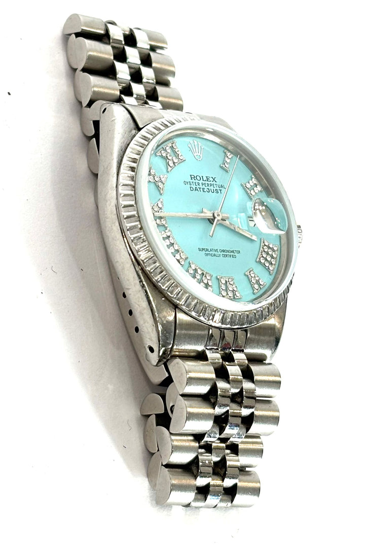 ROLEX DATEJUST 16200 36MM TIFFANY BLUE DIAMOND ENCRUSTED STAINLESS STEEL WATCH