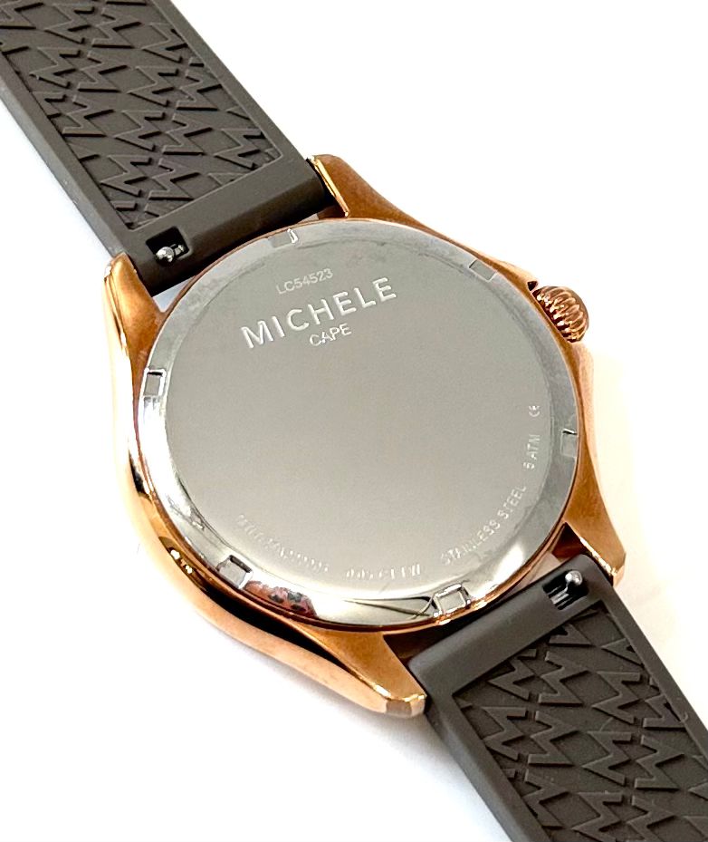 MICHELE CAPE SUNBURST TOPAZ DIAL SILICONE STRAP WATCH