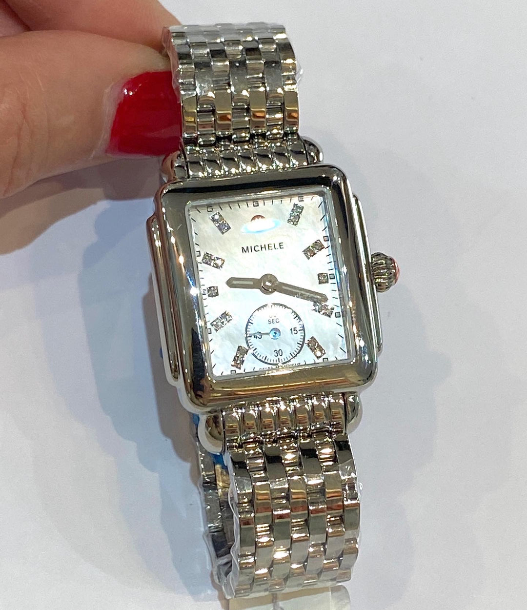 MICHELE DECO MID MOTHER OF PEARL DIAMOND DIAL STEEL WATCH