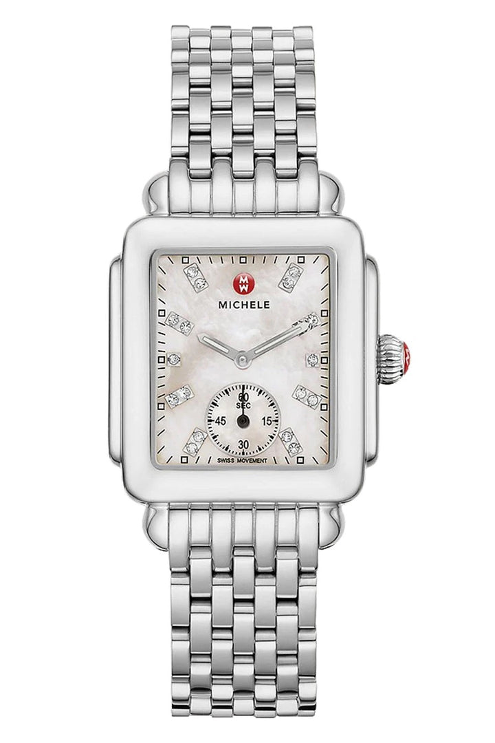 MICHELE DECO MID MOTHER OF PEARL DIAMOND DIAL STEEL WATCH