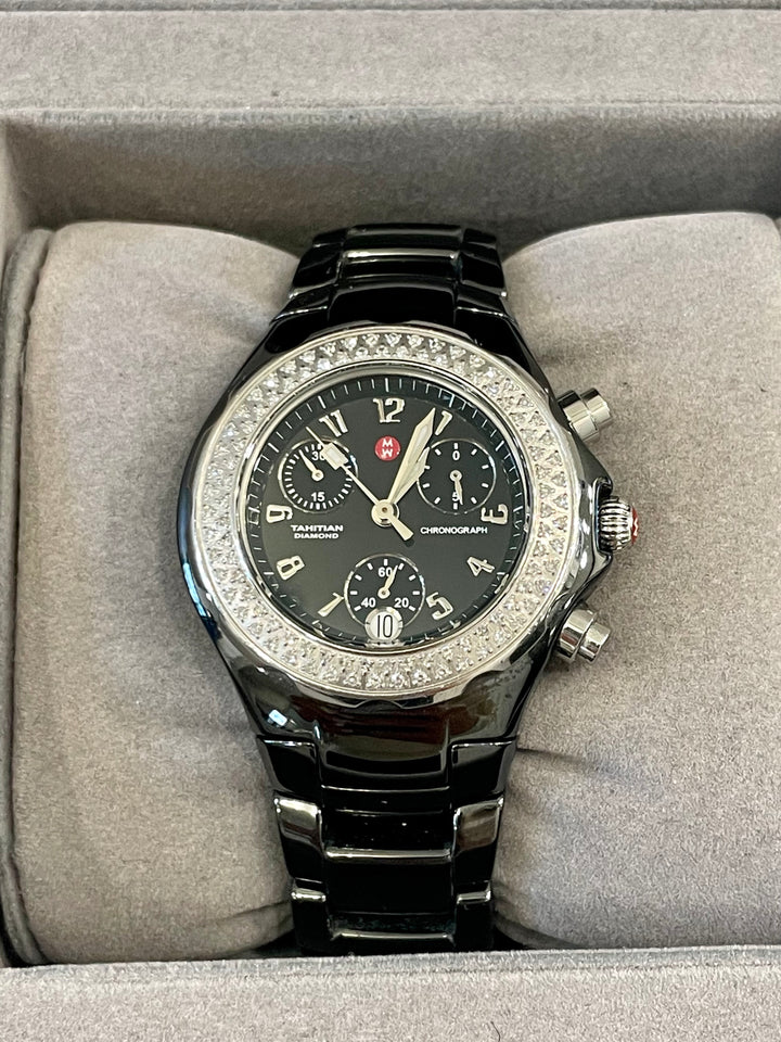 MICHELE TAHITIAN BLACK CERAMIC CHRONOGRAPH DIAMOND LADIES WATCH