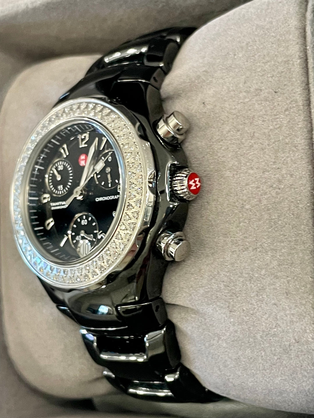 MICHELE TAHITIAN BLACK CERAMIC CHRONOGRAPH DIAMOND LADIES WATCH
