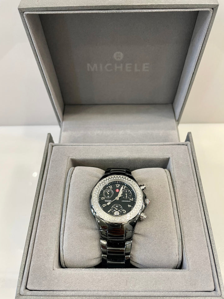 MICHELE TAHITIAN BLACK CERAMIC CHRONOGRAPH DIAMOND LADIES WATCH