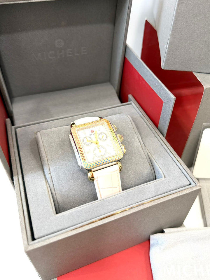 MICHELE 33X35MM DECO CAROUSEL DIAMOND RAINBOW BEZEL WATCH