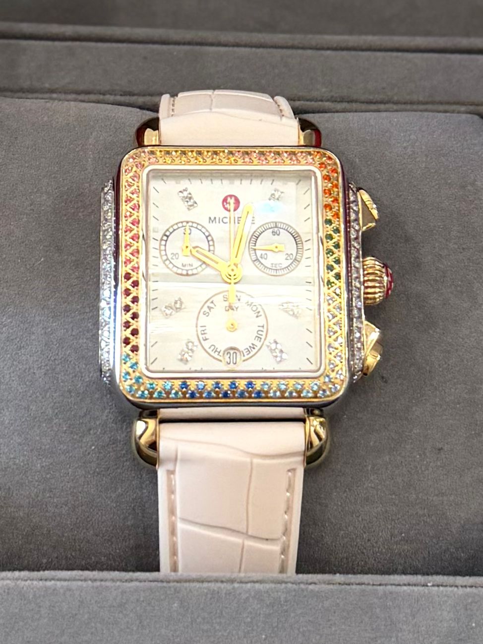 MICHELE 33X35MM DECO CAROUSEL DIAMOND RAINBOW BEZEL WATCH