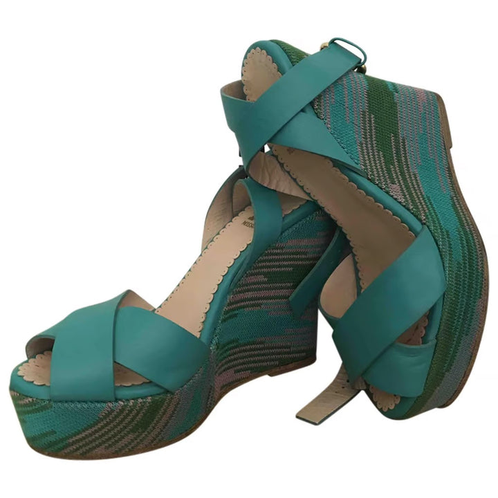 MISSONI LEATHER AND WOOVEN WEDGE HEEL SANDALS
