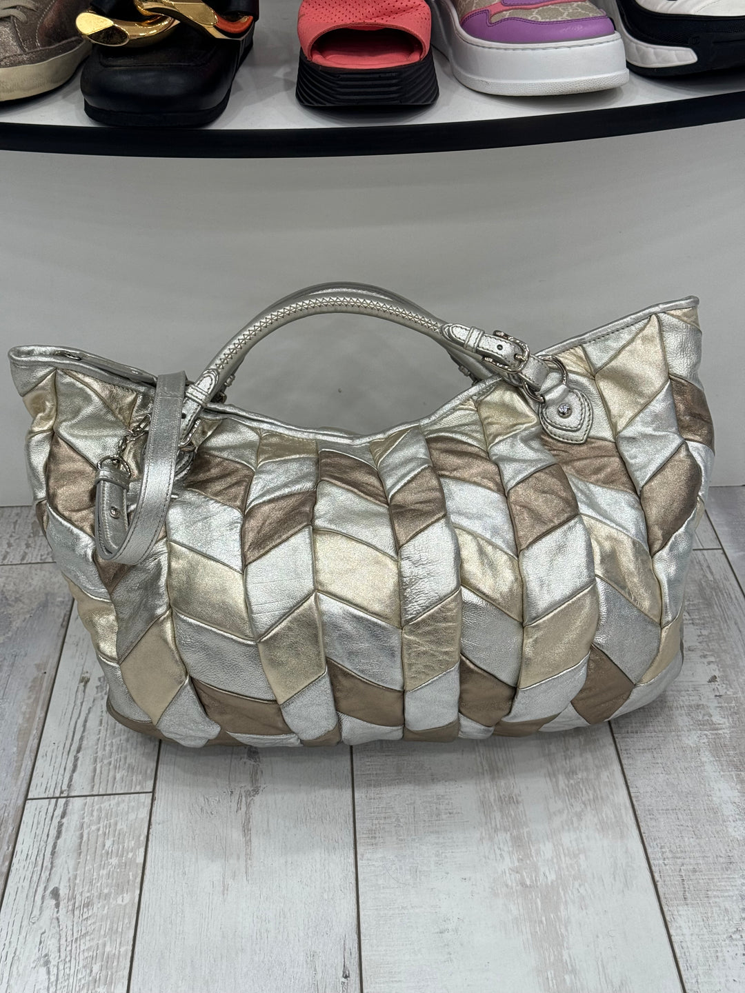 MIU MIU METALLIC LEATHER HARLEQUIN TOTE BAG
