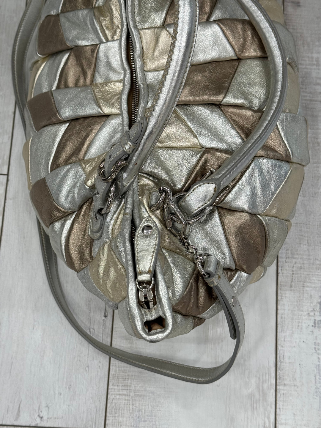 MIU MIU METALLIC LEATHER HARLEQUIN TOTE BAG