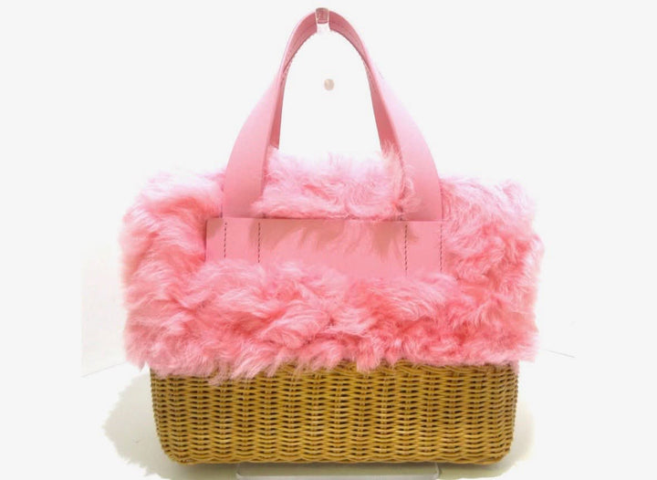 MIU MIU MONTONE MIDOLLI SHEARLING &amp; WICKER BASKET BAG
