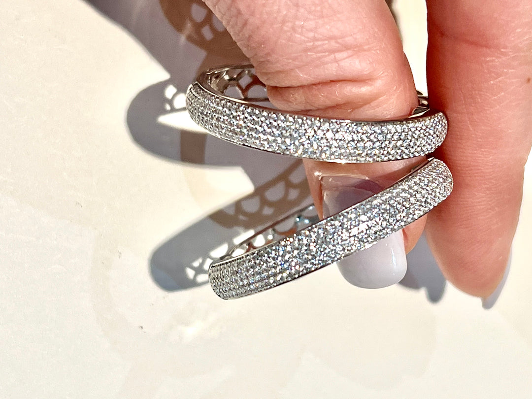 MONARCH ITALY STERLING SILVER PAVE CRYSTALS HOOP EARRINGS