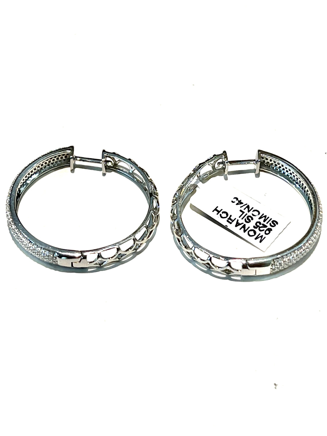 MONARCH ITALY STERLING SILVER PAVE CRYSTALS HOOP EARRINGS