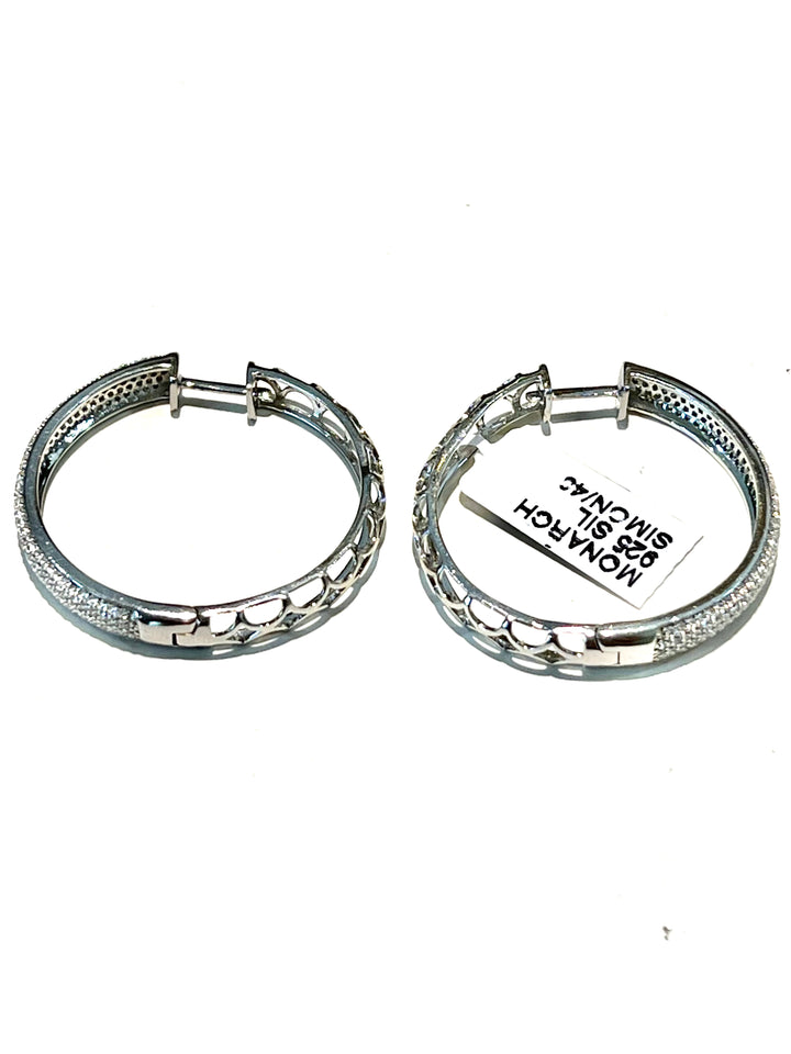 MONARCH ITALY STERLING SILVER PAVE CRYSTALS HOOP EARRINGS