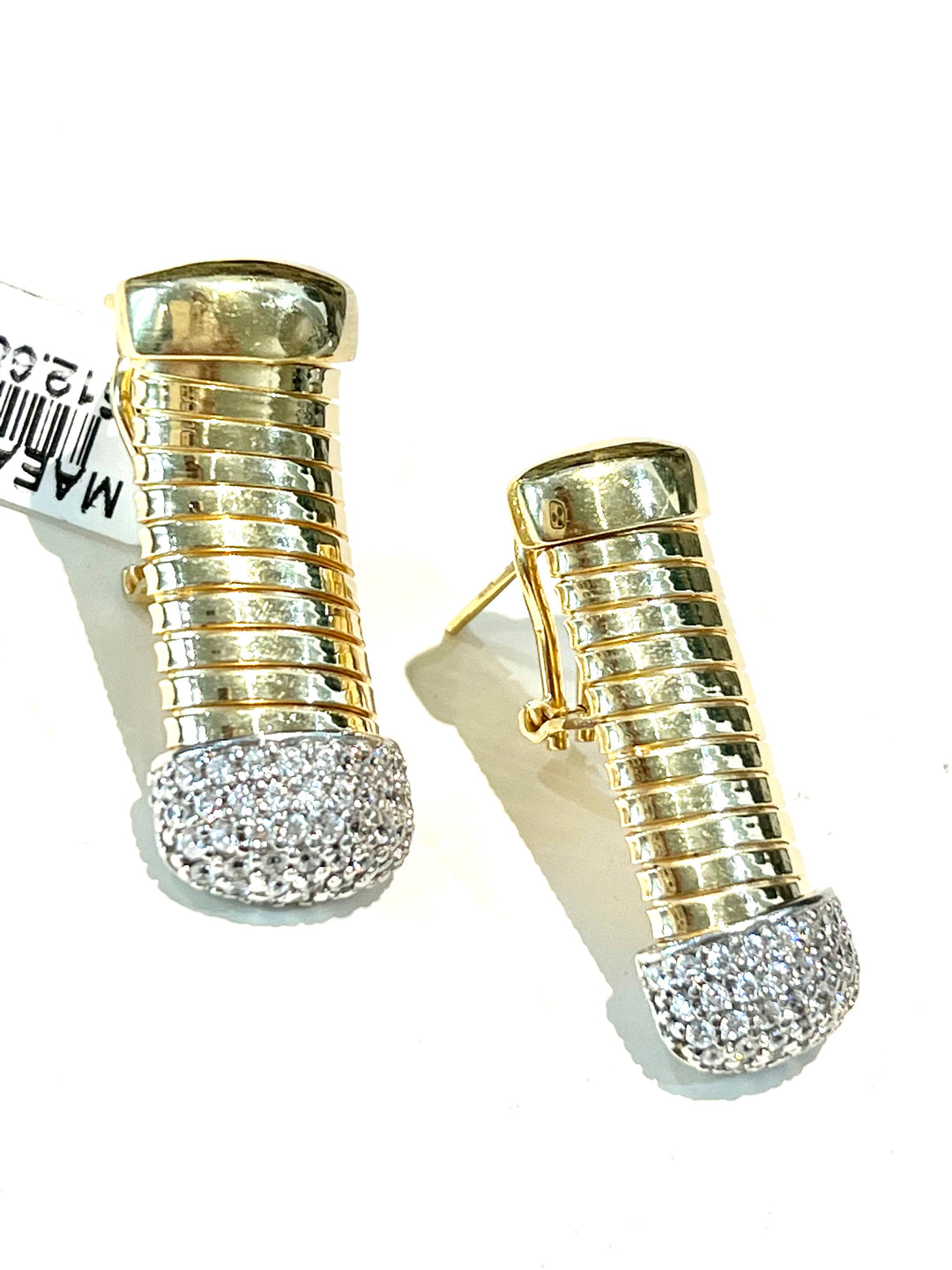 MONARCH ITALY SILVER RIBBED RECTANGLE PAVE CRYSTALS EARRINGS