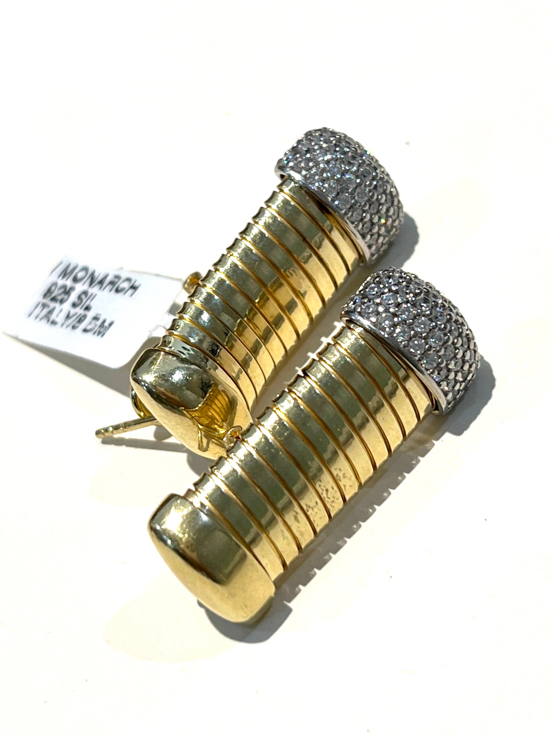 MONARCH ITALY SILVER RIBBED RECTANGLE PAVE CRYSTALS EARRINGS