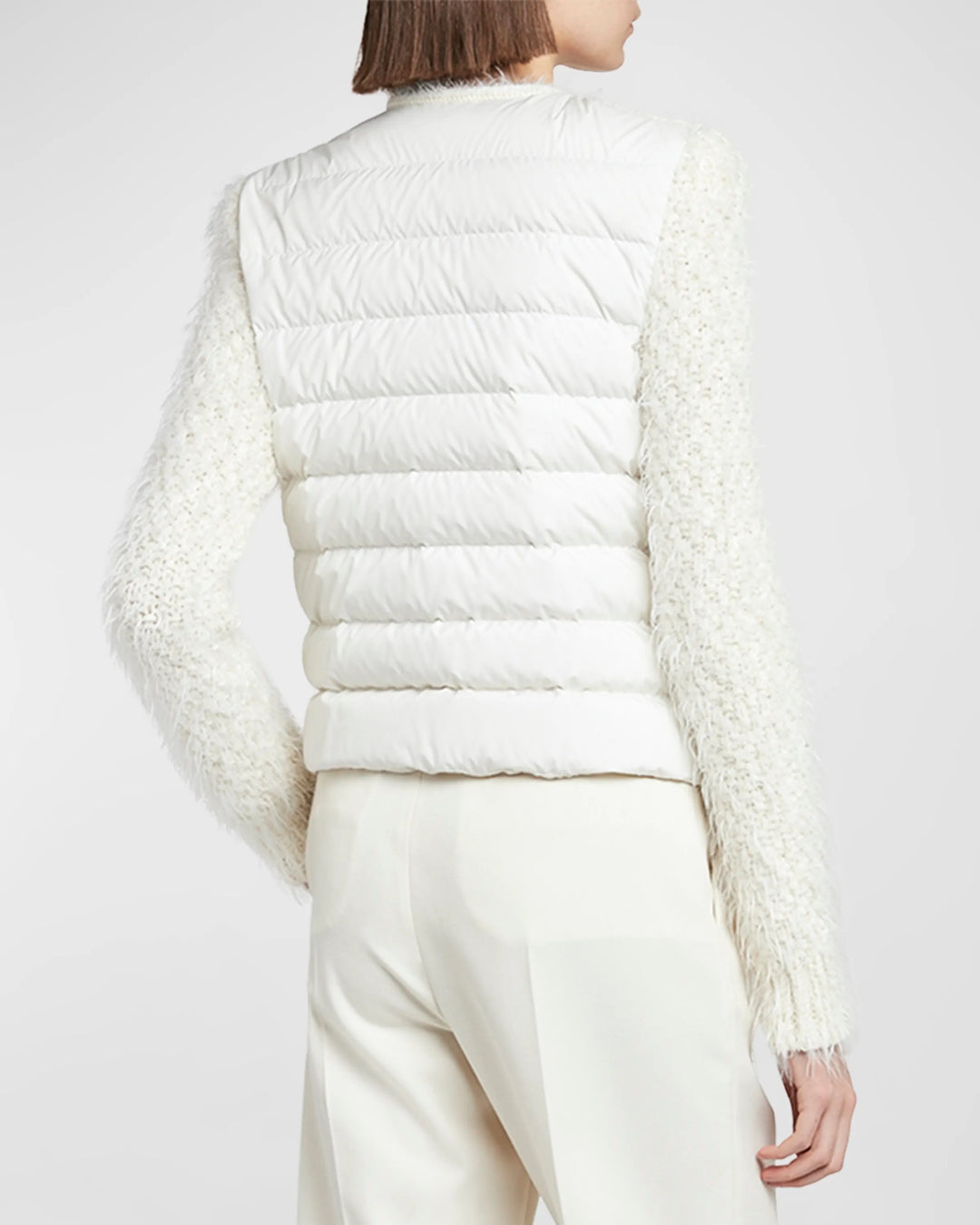 MONCLER FUZZY WOOL BLEND KNIT &amp; QUILTED DOWN JACKET