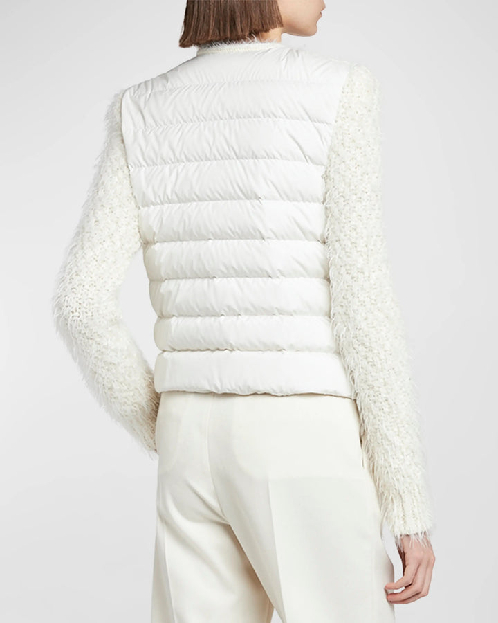 MONCLER FUZZY WOOL BLEND KNIT &amp; QUILTED DOWN JACKET