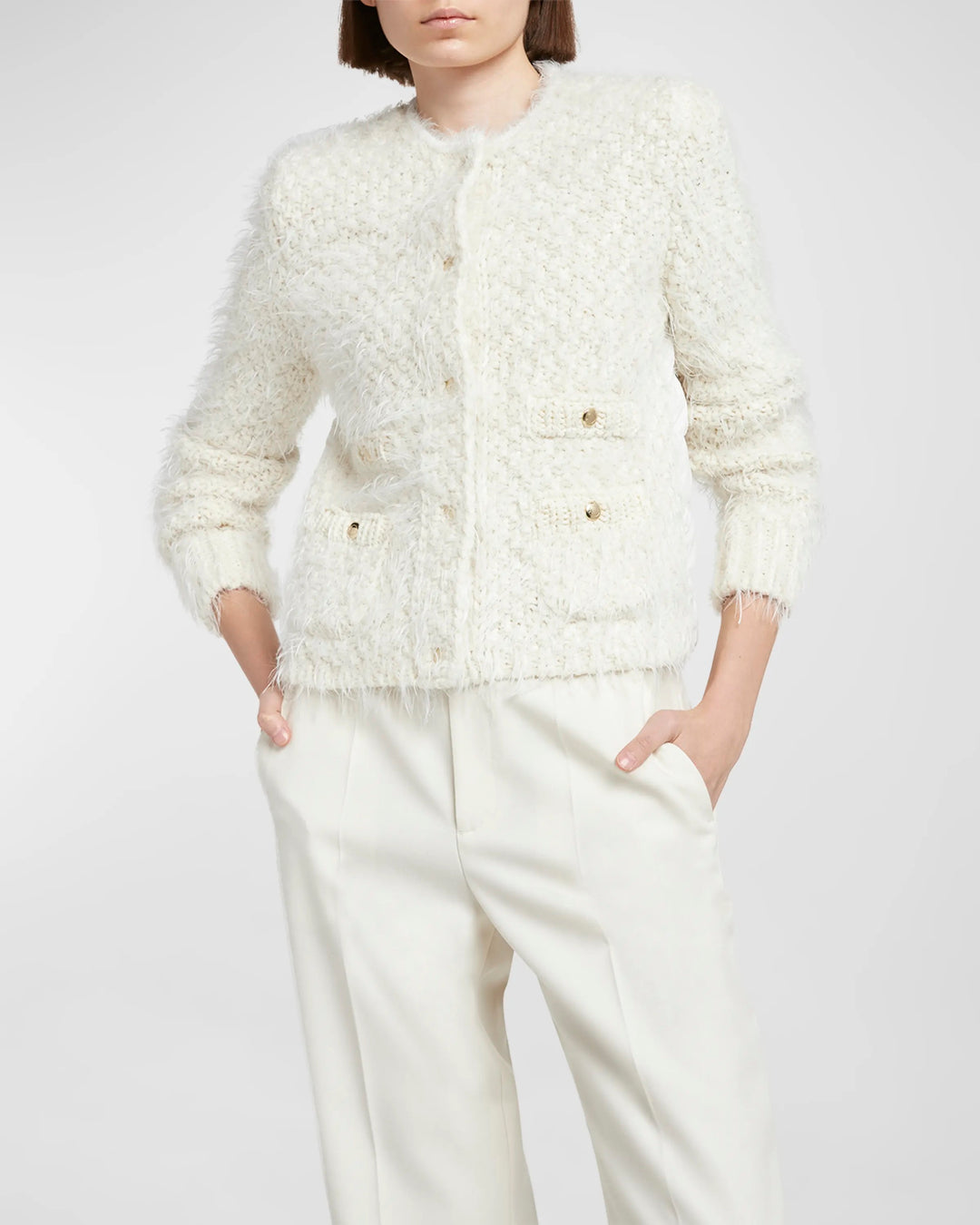 MONCLER FUZZY WOOL BLEND KNIT &amp; QUILTED DOWN JACKET