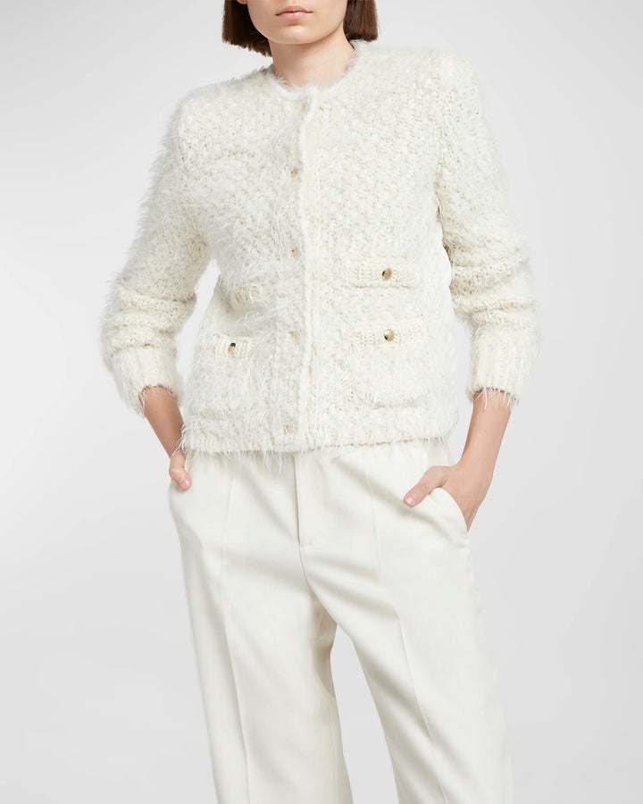 MONCLER FUZZY WOOL BLEND KNIT &amp; QUILTED DOWN JACKET