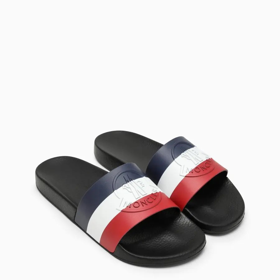 Moncler Embossed Mens Designer Slides MONCLER Basile Logo-Embossed Striped Rubber Slides for Men  main image 4