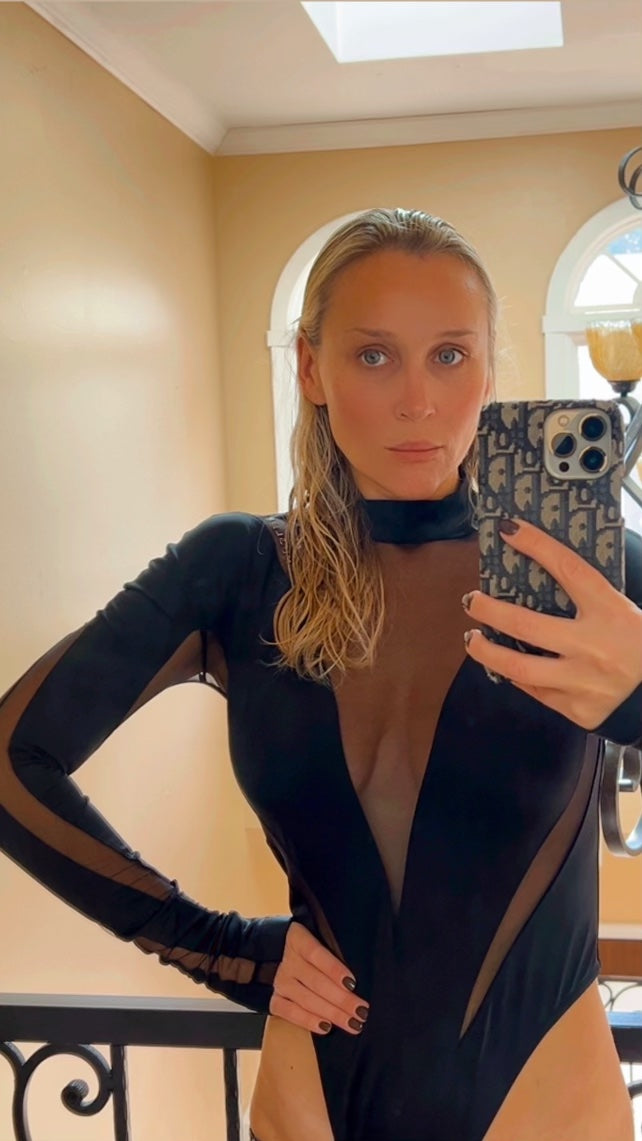 MUGLER PARIS X H &amp; M MESH SPIRAL PANELED BODYSUIT
