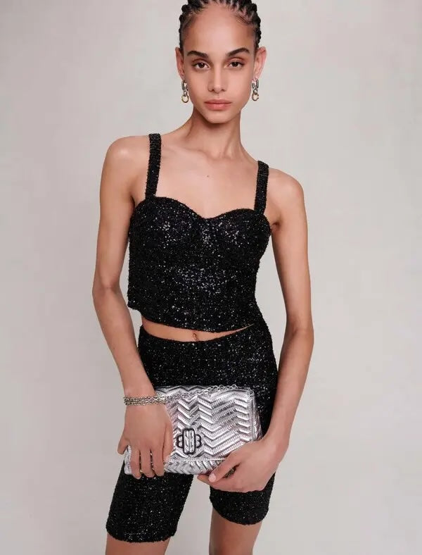 MAJE LARGOT SEQUINED BUSTIER CORSET TOP