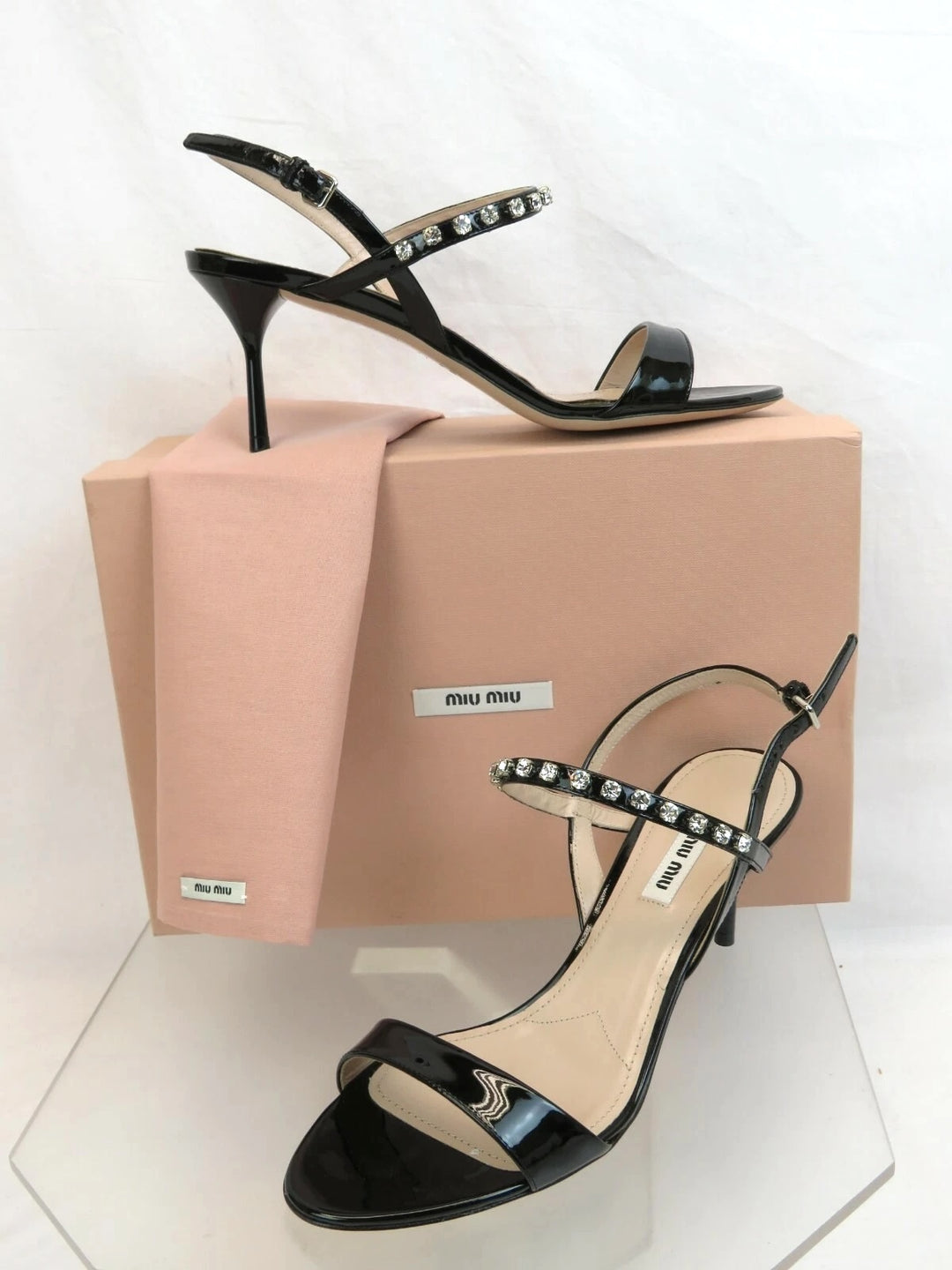 MIU MIU PATENT CALF LEATHER JEWELED SANDALS