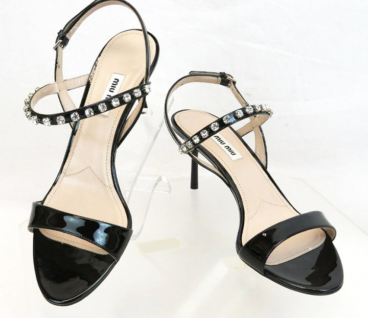 MIU MIU PATENT CALF LEATHER JEWELED SANDALS