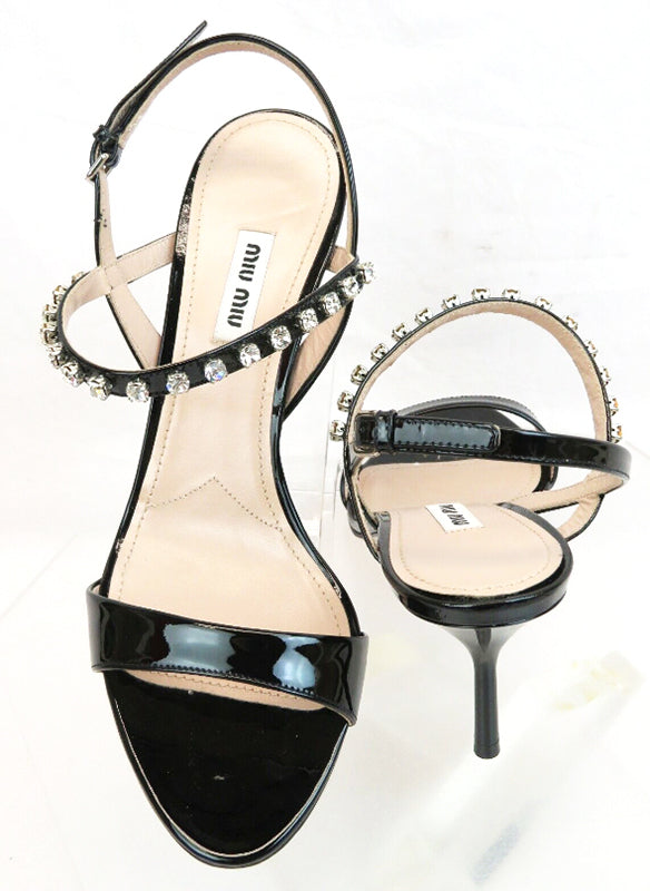 MIU MIU PATENT CALF LEATHER JEWELED SANDALS