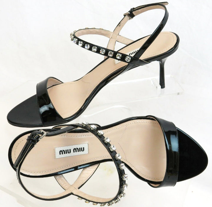 MIU MIU PATENT CALF LEATHER JEWELED SANDALS
