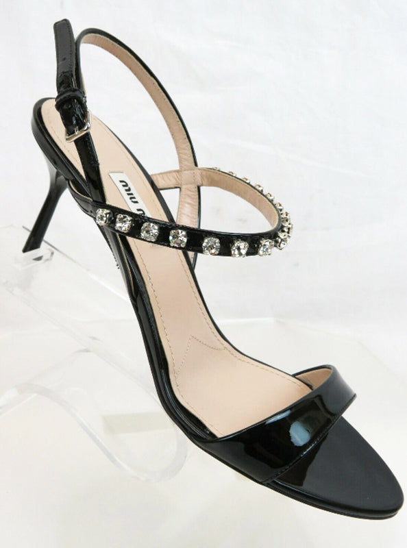MIU MIU PATENT CALF LEATHER JEWELED SANDALS