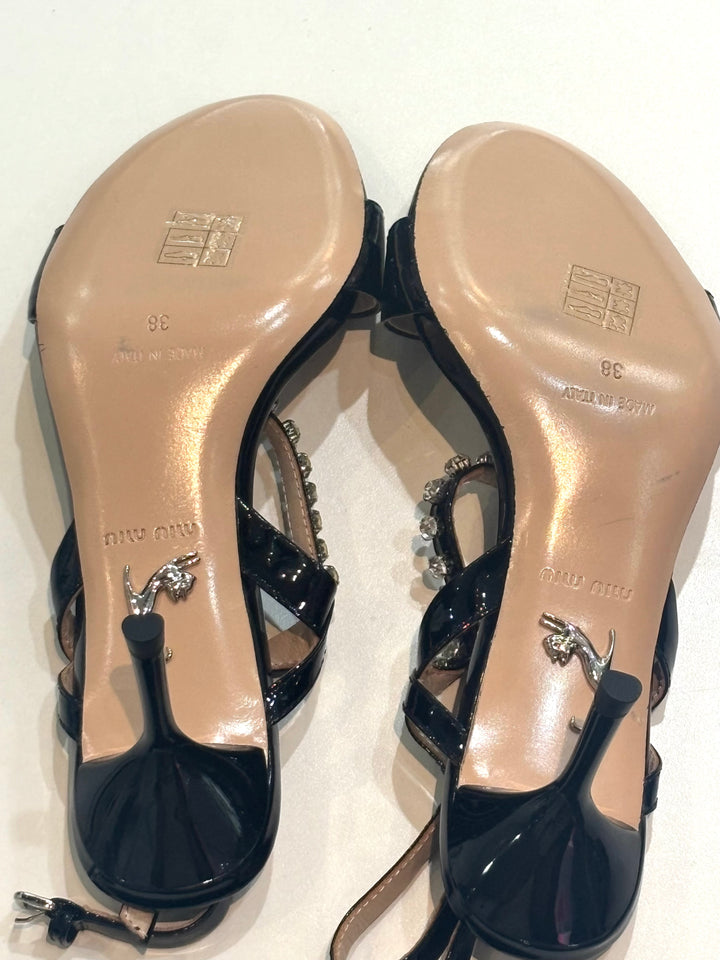 MIU MIU PATENT CALF LEATHER JEWELED SANDALS