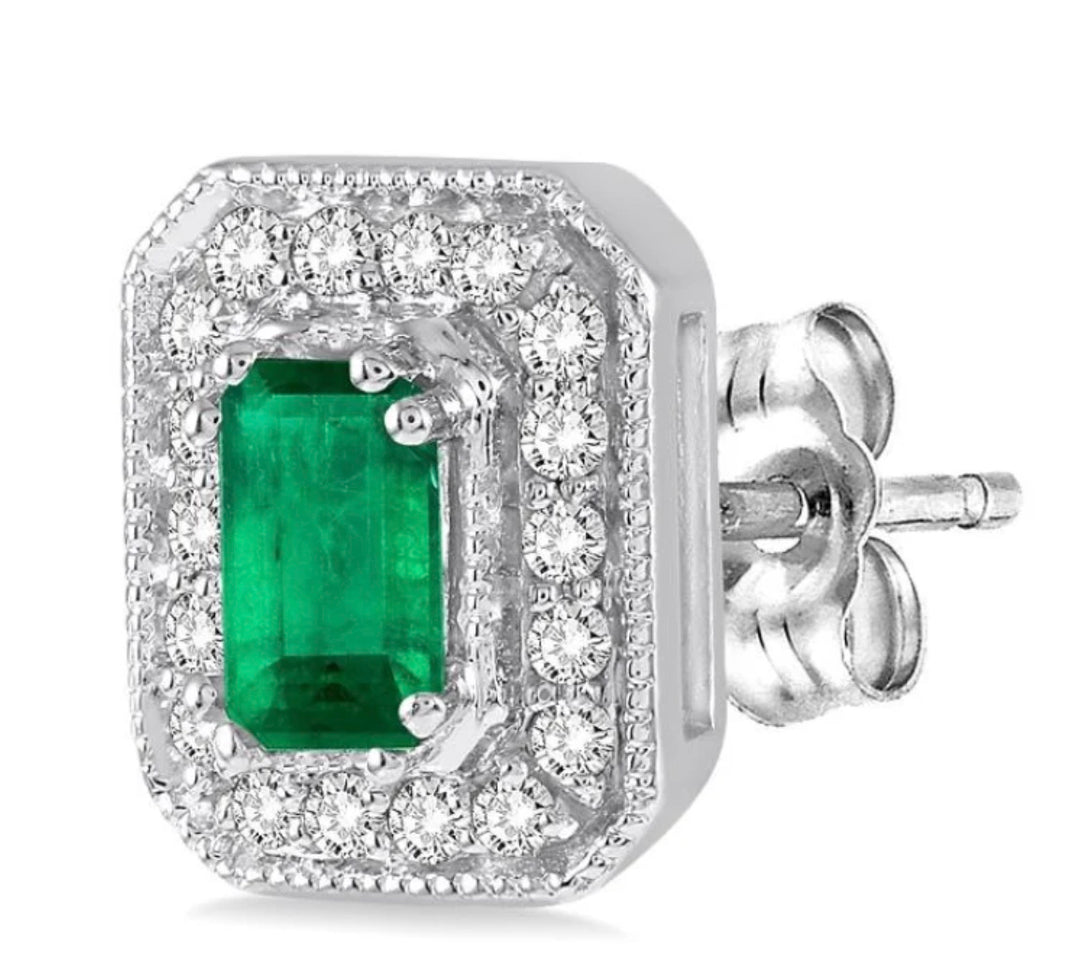 14K WHITE GOLD OCTAGON CUT DIAMOND EMERALD EARRINGS