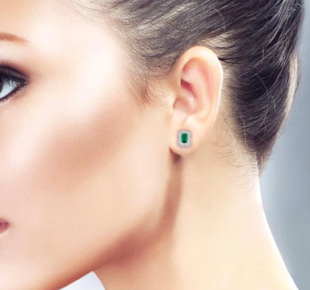 14K WHITE GOLD OCTAGON CUT DIAMOND EMERALD EARRINGS